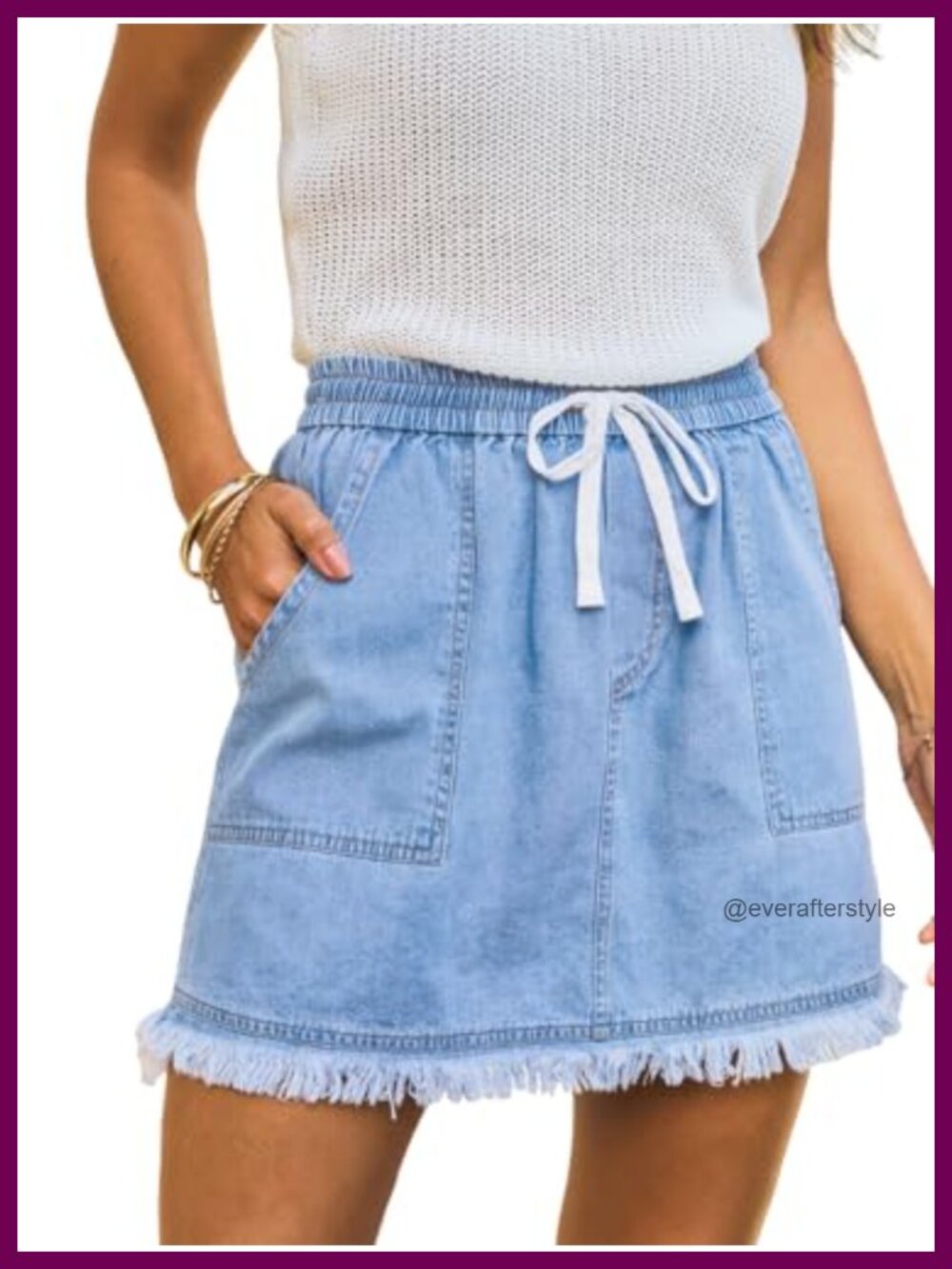 High Waisted Denim Mini Skirt Elastic Waist Drawstring Frayed Hem
